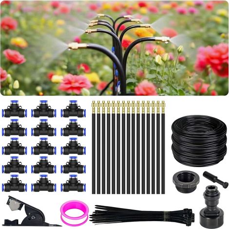 Sistema di irrigazione a goccia regolabile a 360° – Sistema di irrigazione da giardino da 15,2 m con 15 ugelli, kit di irrigazione a goccia per giardino, cortile, prato, serra, piante, tubo flessibile (1/4)