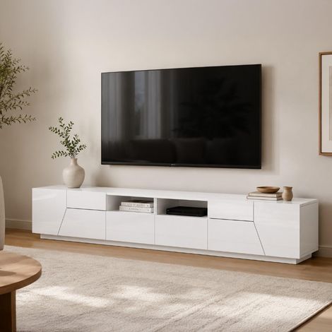 Meuble TV, Buffet Bas de Salon avec 4 Portes, Base pour Meuble TV, 260x43h46 cm, Blanc Brillant (1/5)