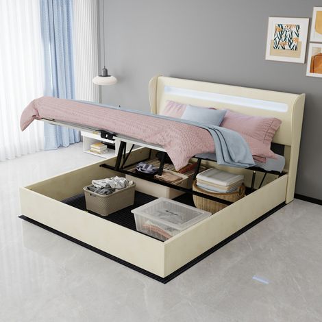 Cama tapizada moderna de tela beige 160x200 cm con cabecero regulable y LED integrado, estructura metálica