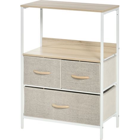 Commode meuble de rangement avec 3 tiroirs tissus, étagère et plateau supérieur, 58L x 29P x 81,5H cm (1/5)