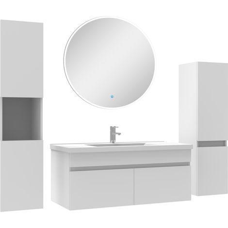 Ocean meuble Salle de Bain Blanc 100cm simple vasque + colonne + miroir rond LED