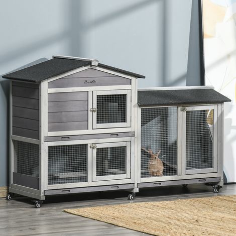 Cage à lapins 2 étages 157,4x53x99,5 cm - enclos extérieur - toit bitume étanche - couleur gris extérieur - grillage acier - Pratique (1/4)