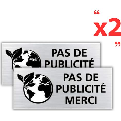 2 Plaques Adhésives Pas de Publicité Merci – Format 60x25 mm – Signalétique Boîte aux Lettres – Aspect Aluminium (1/5)
