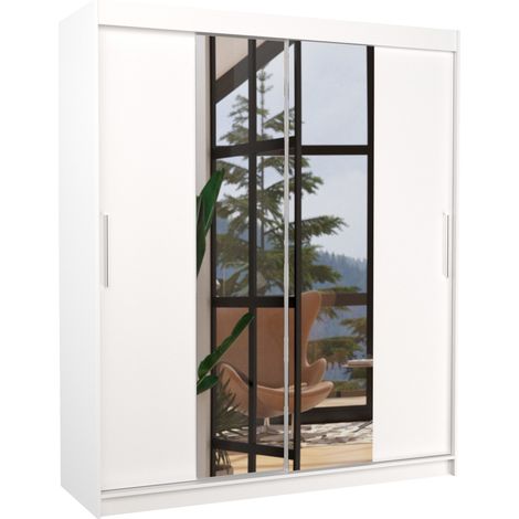 Armoire de chambre à coucher 2 portes coulissantes blanc et miroir Dally 180cm (1/5)