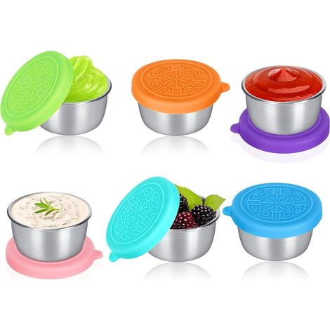 Set mit 6 Edelstahl-Saucentöpfchen (50 ml) mit Silikondeckeln, kleine auslaufsichere Behälter für Gewürze