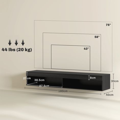 Support mural pour téléviseur (compatible avec les téléviseurs jusqu'à 75 pouces, avec éclairage LED 16 couleurs et télécommande), 180 x 40 x 30 cm, noir (1/5)