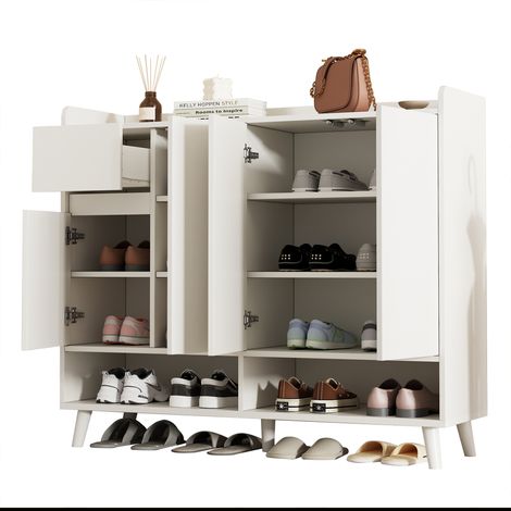 Scarpiera 120x35x99 cm, Ripiano Regolabile, 4 ante e 1 cassetto, Pannello Truciolare, Bianco, per Ingresso e Corridoio
