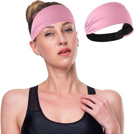 Conjunto de 2 diademas deportivas de doble capa de secado rápido, con bandas elásticas antideslizantes de color rosa brillante para mujer. (1/5)
