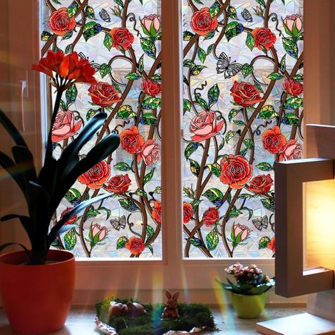 Pellicola per finestre effetto arcobaleno con rose e piante, pellicola elettrostatica, pellicola decorativa anticollisione per finestre, vetro e porte, 45x100 cm (1/4)