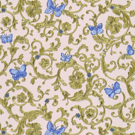 Carta da parati di lusso Profhome 343256 Carta da parati TNT leggermente strutturata con ornamenti floreali luccicante blu oro rosa 7,035 m2
