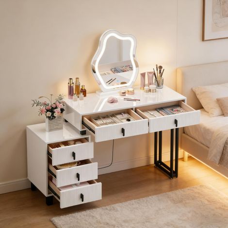Coiffeuse en MDF blanc avec miroir LED, 5 tiroirs et rangement latéral (1/4)
