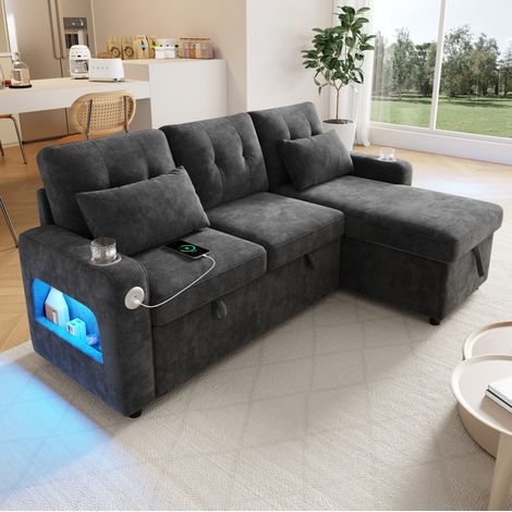 Divano angolare letto in tessuto felpa (chenille) grigio con USB/USB-C, LED, baule e portabicchieri (1/5)