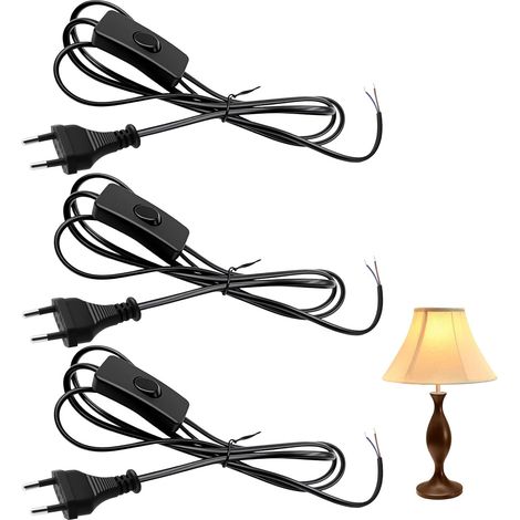 Lot de 3 Cordon Avec Interrupteur et fiche, Câble de raccordement avec prise 1,8 m, Câble avec interrupteur pour lampes, Lampes de table et applications domestiques, Prise avec interrupteur pour lampe (1/5)