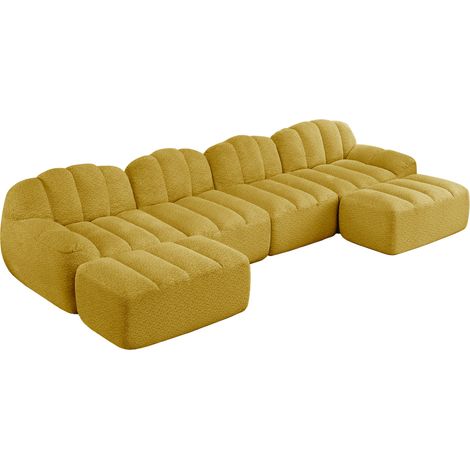 Sofá modular en U de 4 plazas con 2 otomanas, espuma 32D, tejido suave amarillo (1/5)