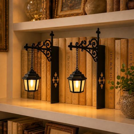 Lampe Décorative pour Étagère - Lot de 2 - Métal Rétro - Serre-livres avec LED - Salon et Bureau - Noir Compact (1/5)