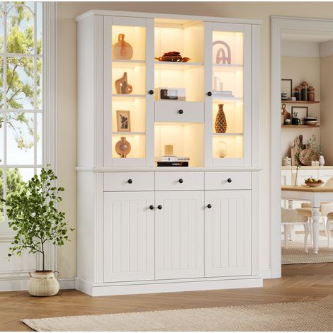 Wohnzimmervitrine 119,5 x 40 x 180 cm, weißes MDF, 4 Schubladen, 5 Türen, 21 Fächer, LED (1/5)