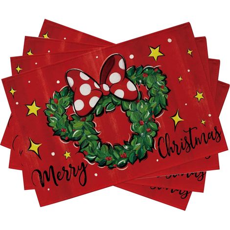 Sets de table Joyeux Noël - Lot de 4 - Couronne, nœud, décorations d'étoiles pour cuisine, fête, décoration intérieure, 12 x 18 pouces. (1/5)