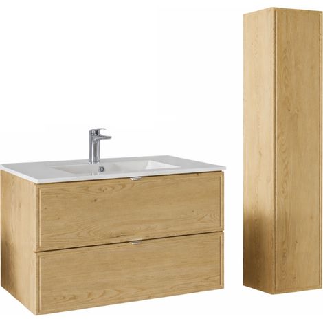 Ensemble Meuble Vasque 80 cm + Vasque + Colonne - L 80 x P 46 x 51,5 cm - Caldera Clair - Livraison gratuite