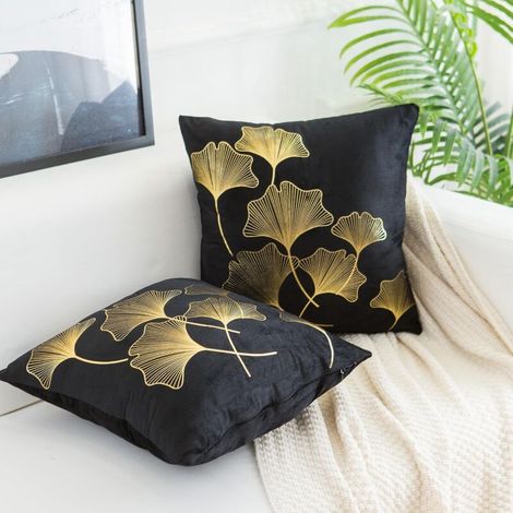 Taie d'oreiller décorative en velours coussin carré doux imprimé ginkgo pour salon chambre à coucher canapé 45 x 45 cm lot 45 cm 45 x Doré (1/4)