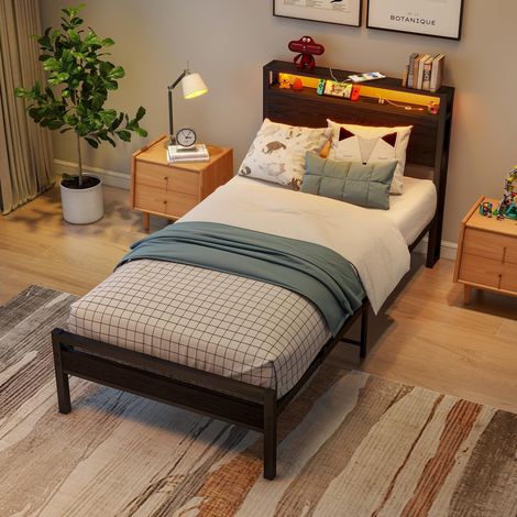 Metallbett 90x200 mit Stauraum, USB, LED und Kopfteil mit Regal, schwarz HAVRYA (1/5)
