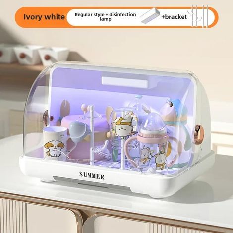 Caja de almacenamiento antipolvo para biberones con escurridor y soporte para desinfección UV (blanca)