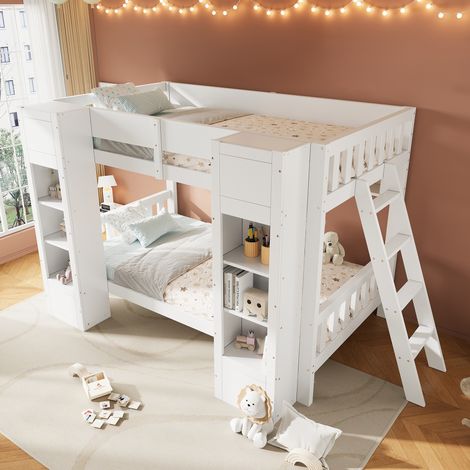 Lit superposé blanc 90x200 cm, lit superposé enfant avec rangements, 2 placards frontaux, étagère suspendue, échelle réversible et protection antichute. (1/5)
