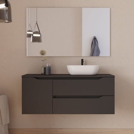 Meuble de salle de bain 120cm avec plateau, vasque à poser déportée à droite Zeus et miroir - 2 tiroirs et un placard - noir - ZARZA