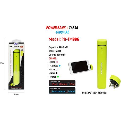 TrAdE Shop Traesio - Power Bank Portatile Per Smartphone Usb Altoparlante 4000mah Batteria Emergenza -