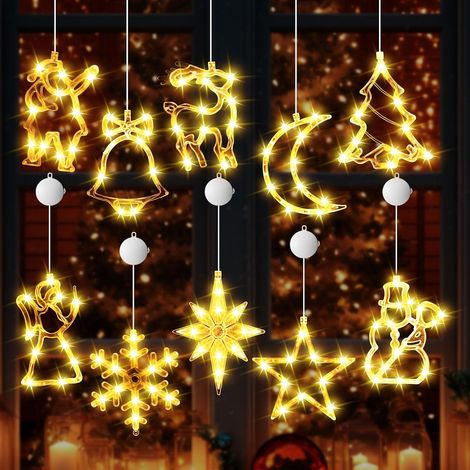 CCYKXA Set mit 10 hellen Fensterlichtern mit Timer, Saugnapf, batteriebetrieben für Weihnachten, Feiertage, Neujahr, für den Innen- und Außenbereich (warmweiß) (1/5)