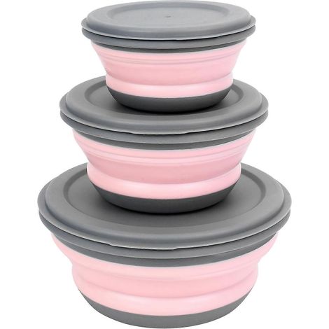 Ensemble de 3 bols, boîte à lunch pliable en silicone avec couvercle rose