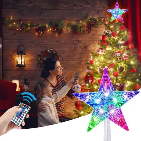 Cime de sapin de Noël en forme d'étoile de 24,1 cm, 10 LED, 21 modes d'éclairage multicolores avec télécommande polyvalente, fonctionne avec 3 piles AA, excellent accessoire pour (1/5)