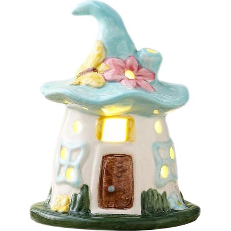 Veilleuse LED - Lampe en céramique - Veilleuse en forme adorable - Maisons en céramique style « Chapeau magique » - Décoration de table rustique - Idéale pour la chambre d'enfant - Décoration bleue po (1/5)