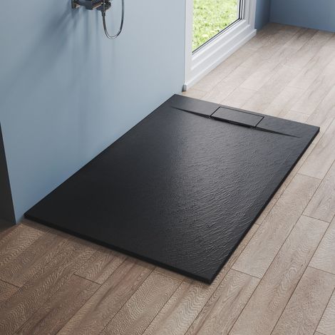 SONNI Piatti doccia 140x90cm piatto doccia di alta qualità per box doccia bagno SMC nero 32mm ardesia texture incl. set di scarico antiscivolo design tagliabile (1/5)