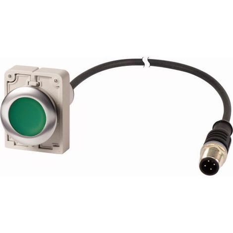Bouton-poussoir RMQ Compact Flat à rappel 1 N/O vert cable (noire) avec connecteur M12A 4-pole EATON C30C-FD-G-K10-P5