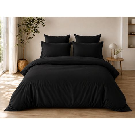Parure de Lit Complète 240 x 220 cm Noir - 100% Coton 57 Fils - Drap-Housse 140x190 + 4 Taies (1/4)