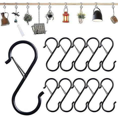 Packung mit 10 schwarzen S-Haken zum Aufhängen, stabile Metallhaken mit Sicherheitssystem.
