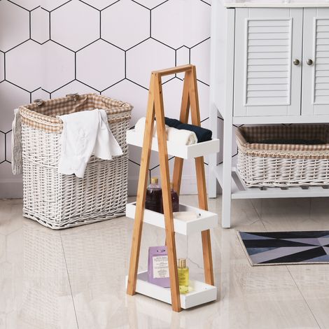 Estantería de baño que ahorra espacio, fabricada en MDF y bambú, con forma piramidal y 3 baldas, en color madera y blanco, 30x18x81cm.