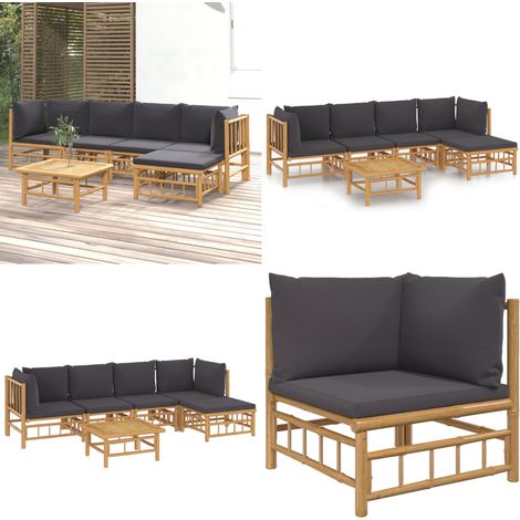 Set de muebles de jardín 6 piezas bambú con cojines gris oscuro - Muebles de exterior - Sofás de jardín