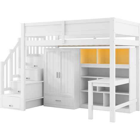 Cama alta 90x200 con escritorio, estanterías, armario, escalera con almacenaje y LED, blanca (1/5)