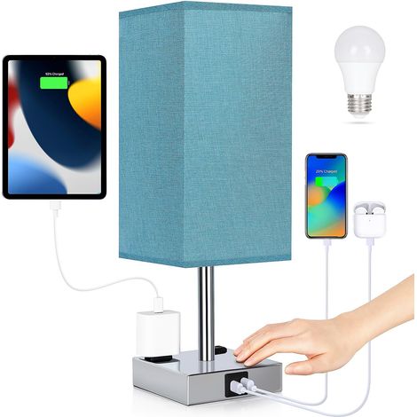 Lampe de chevet avec ports USB - Lampe de table tactile pour chambre avec chargeur USB C+A et prises secteur, variateur d'intensité à 3 niveaux, abat-jour en lin pour salon (ampoule LED incluse, bleu) (1/5)