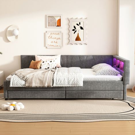 Cama diván 140x200 cm de lino gris con cajones, almacenaje y LED, sin colchón - CHICFURN (1/5)