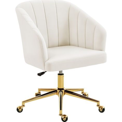 Fauteuil de bureau en velours crème, mousse haute résilience, hauteur réglable, base en acier, roulettes sphériques (1/5)