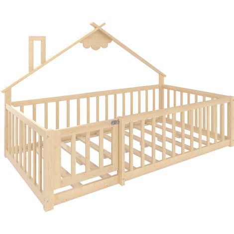 Letto per bambini 90x190 cm in pino e MDF con barriera a chiusura, naturale (1/5)