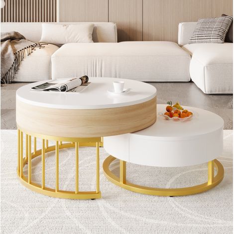 Tavolino da salotto rotondo MDF bianco e oro, set 2 tavoli con piano rialzabile, 70 cm (1/5)