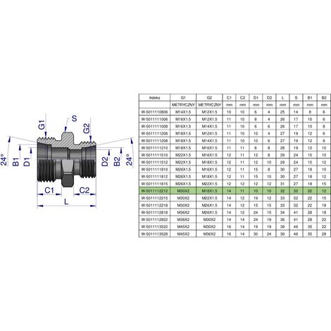 Metrische hydraulische Reduzierkupplung BB M30x2 22L / M18x1,5 12L (XG) Waryński (1/3)