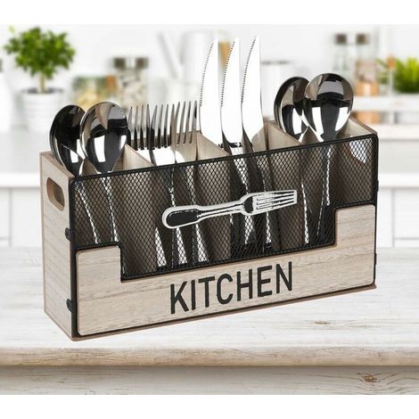 Modèle principal A Porte-couverts en bois 4 compartiments, rangement à couverts pour table, rangement décoratif pour couverts, panier à couverts, porte-ustensiles de cuisine pour fourchettes (1/5)