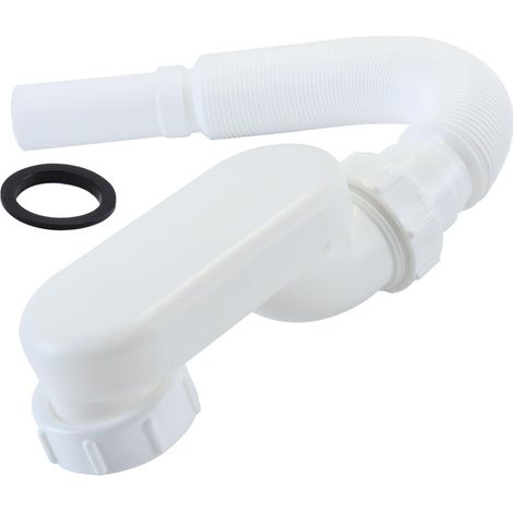 Siphon en P à profil bas de 1 1/2 po, tuyau d'évacuation flexible pour baignoire et douche, plomberie blanche durable avec ruban d'étanchéité (1/5)