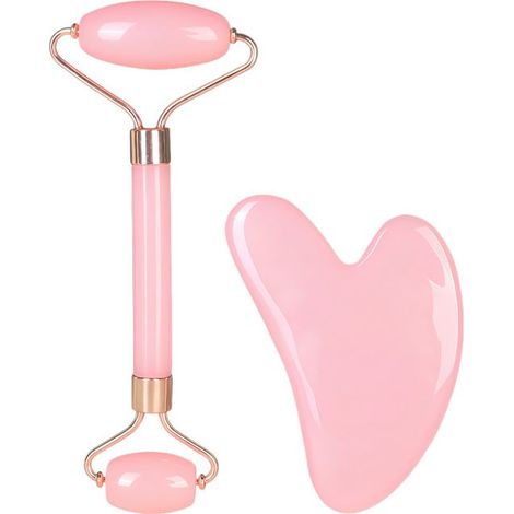 Rouleau de jade et kit de massage Gua Sha, outils de massage pour le visage, le cou et le corps, apaise et détend la peau, rose (1/5)