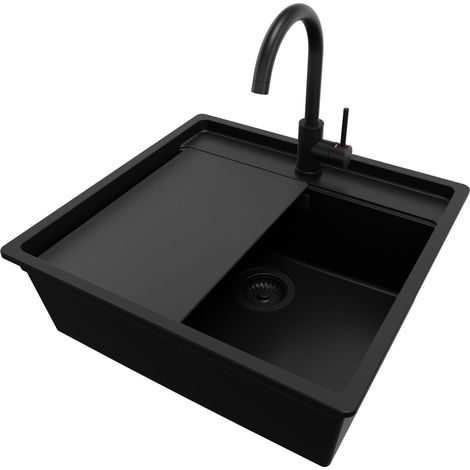 PRIMAGRAN Evier Cuisine en Granit 56x53cm, Lavabo 1 bac + Robinet 32x20cm + Kit de Vidage + Accessoire, Évier à Encastrer au meuble 60cm - Bergen, Tout Noir (1/5)