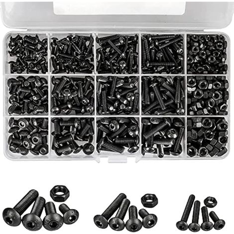 Kit de 500 écrous et boulons en acier allié - M3, M4, M5 tête bombée, tête cylindrique, boulons hexagonaux noirs à six pans creux avec boîte de rangement